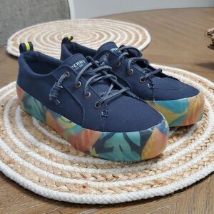 Sperry Women’s Crest Vibe Floral Coral/Navy Platform Sneakers, SIZE 7.5